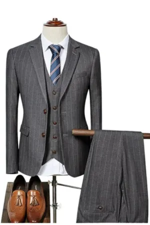 Atwood Formal Gray Striped Three-Piece Notched Lapel Business Suit