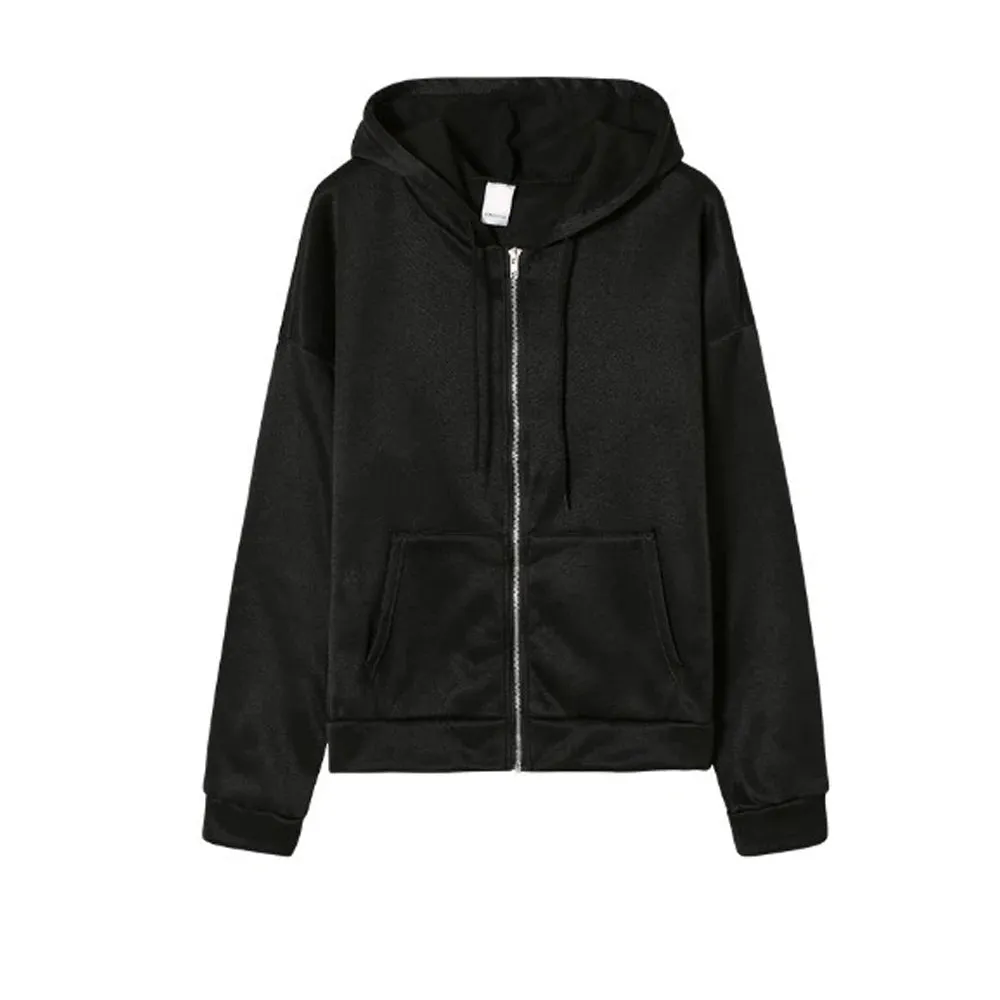 Autumn Fleece Hoodie Solid Color Hooded Korean Fashion Sweatshirts Long Sleeve Top Drawstring Pockets Loose Zipper Black Hoodies