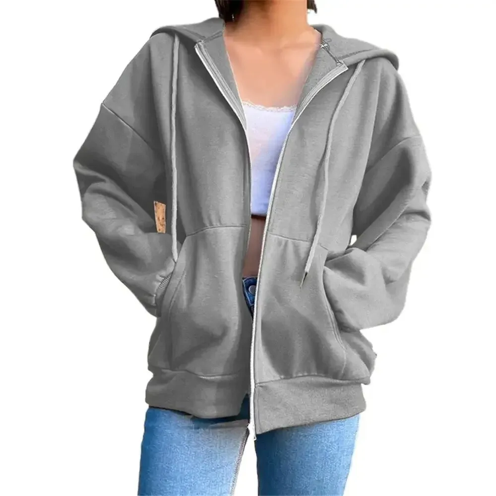 Autumn Fleece Hoodie Solid Color Hooded Korean Fashion Sweatshirts Long Sleeve Top Drawstring Pockets Loose Zipper Black Hoodies