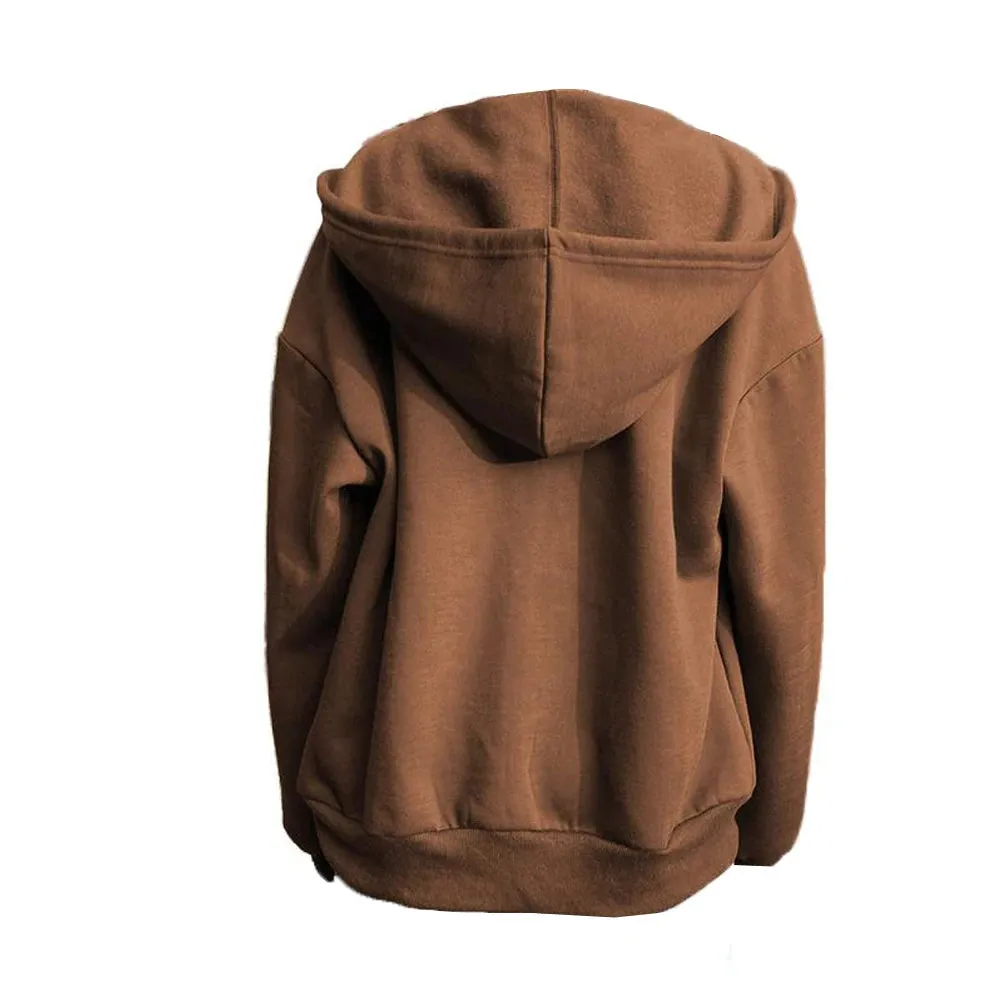 Autumn Fleece Hoodie Solid Color Hooded Korean Fashion Sweatshirts Long Sleeve Top Drawstring Pockets Loose Zipper Black Hoodies