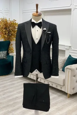 Baird Formal Black Jacquard Peaked Lapel Three-Piece Bespoke Prom Suit