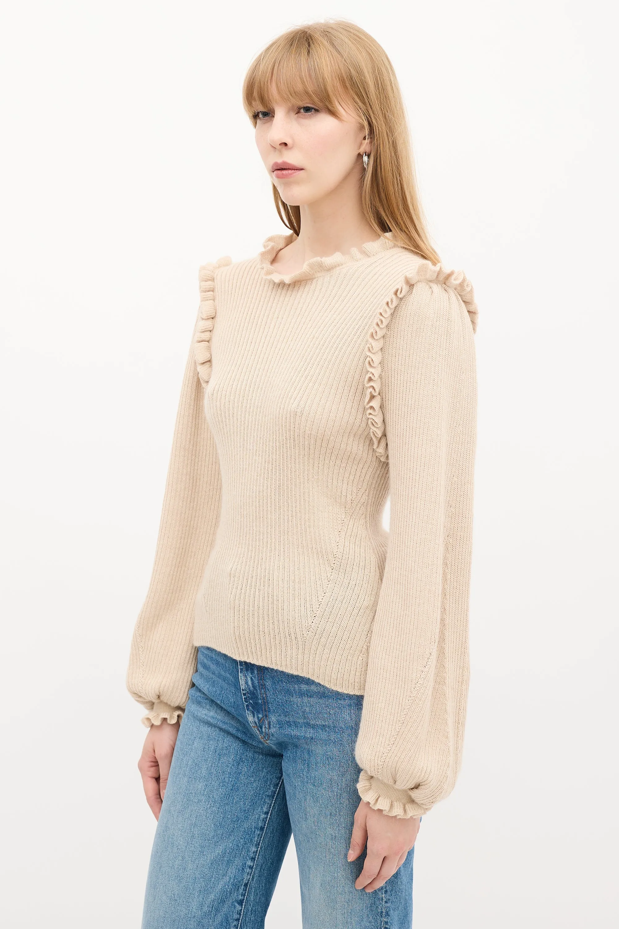 Beige Wool & Silk Ruffle Knit Sweater