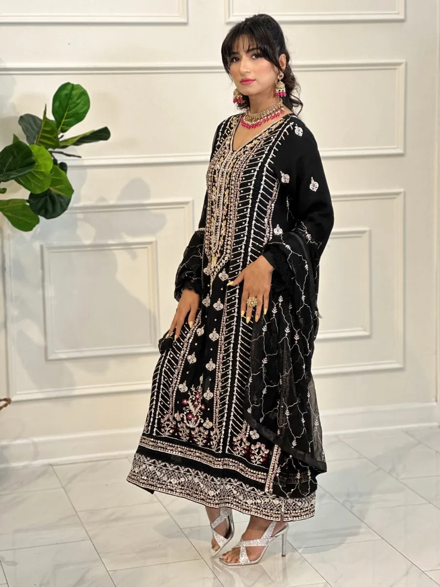 Black 3pc Luxury Suit with Gold, Silver and pink Embellishments