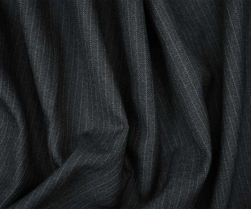 Black-Deep Gray Polyester Wool Pinstripe Twill Suiting Woven Fabric