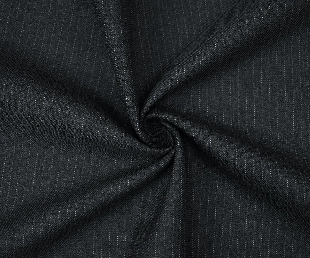 Black-Deep Gray Polyester Wool Pinstripe Twill Suiting Woven Fabric