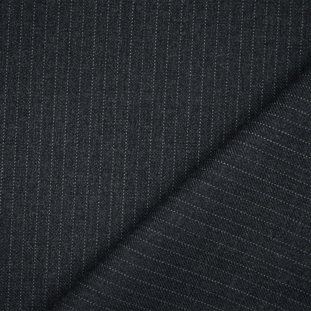 Black-Deep Gray Polyester Wool Pinstripe Twill Suiting Woven Fabric