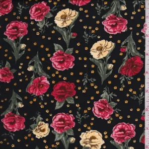 Black/Red/Yellow Tossed Floral Double Brushed Jersey Knit Fabric