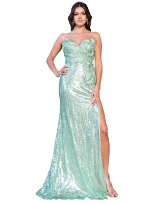 Bliss 3D Flower Applique Rhinestone Bead Sequin Accent Slit Gown for Women, Sizes XS-3XL