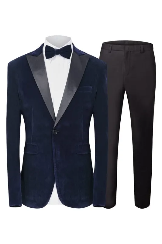 Blithe Formal Navy Blue Peaked Lapel Two-Piece Velvet Prom Suit for Men