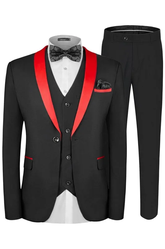 Borg Formal Black Three-Piece Wedding Suit With Red Shawl Collar