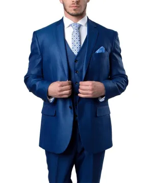 Classic Blue Solid Textured Suit with Vest