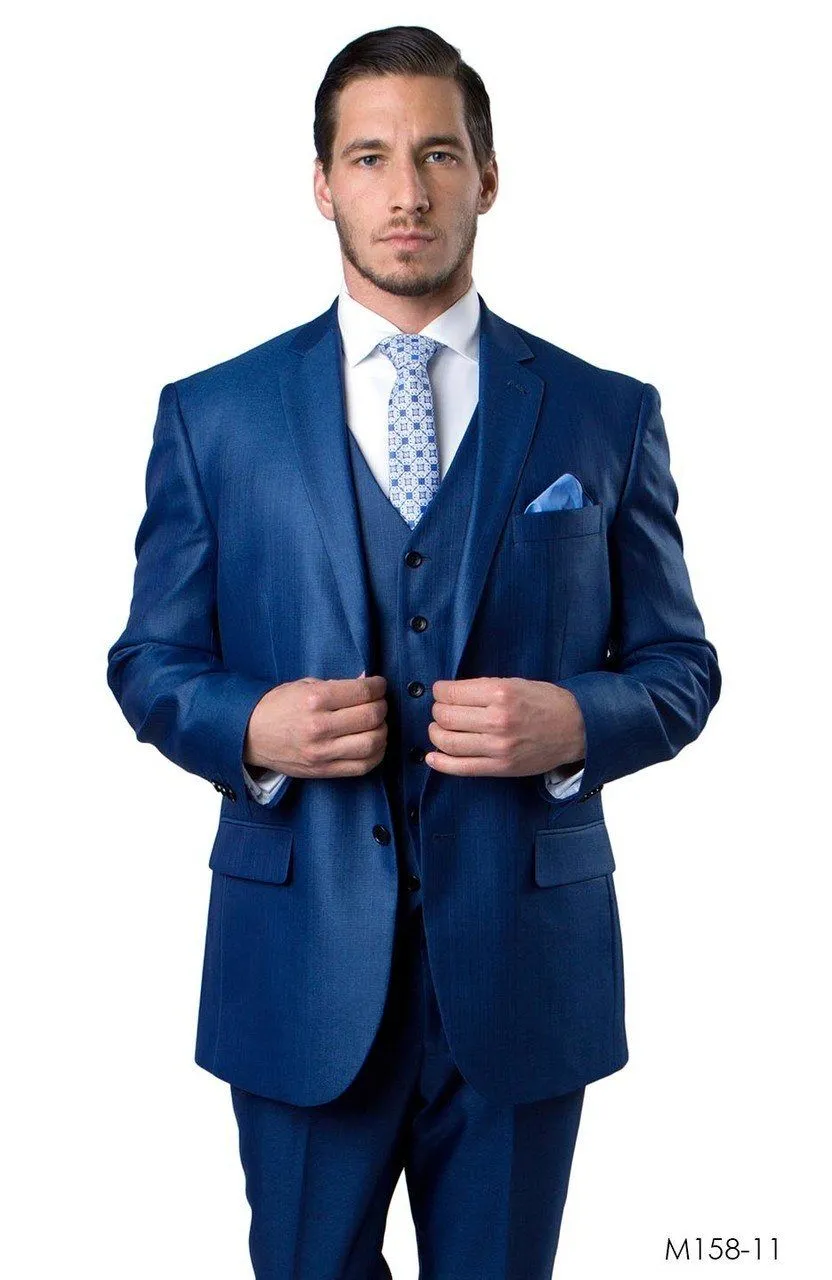 Classic Blue Solid Textured Suit with Vest