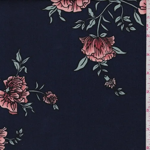 Dark Navy/Tan Cosmo Floral Double Brushed Jersey Knit Fabric