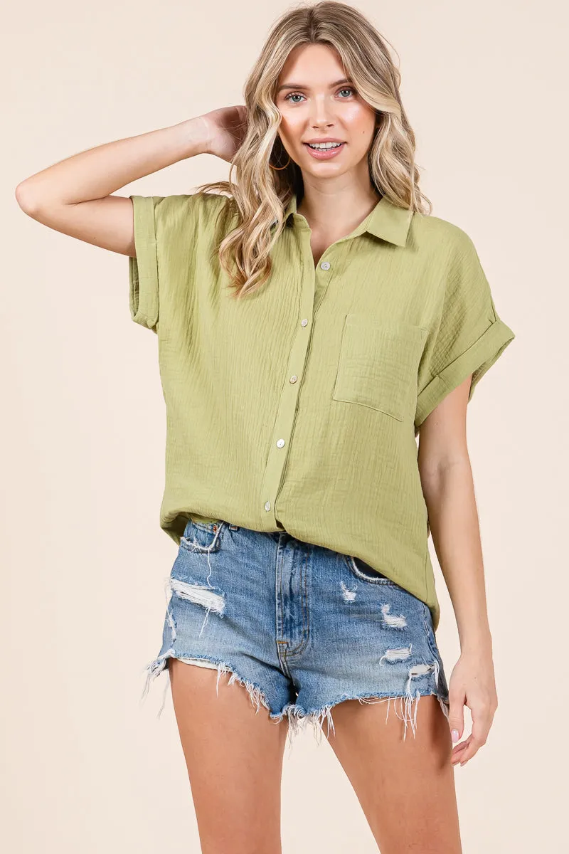 Double Gauze Short Sleeve V Neck Collared Shirts