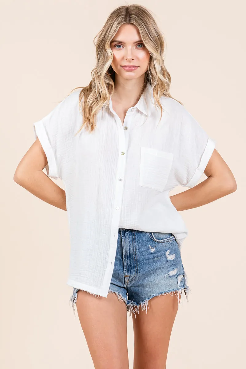 Double Gauze Short Sleeve V Neck Collared Shirts