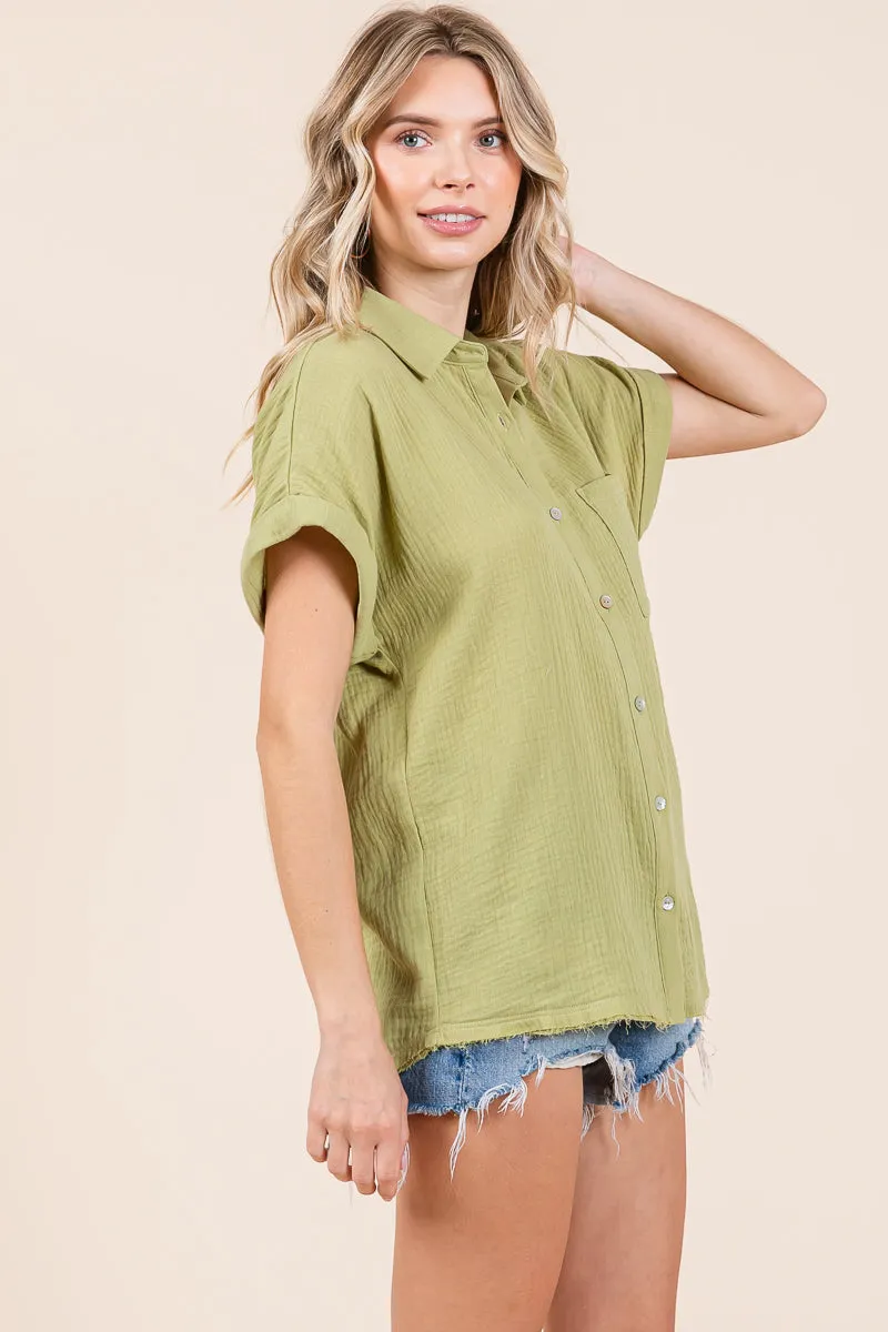 Double Gauze Short Sleeve V Neck Collared Shirts