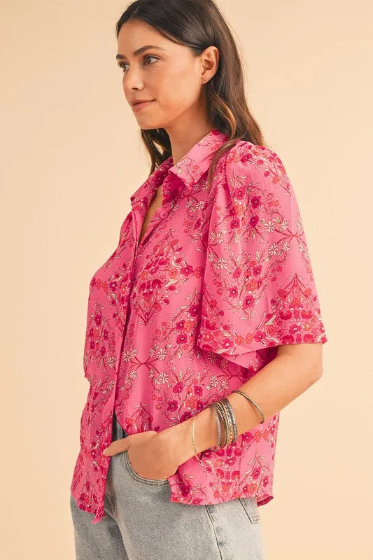 Floral Print Wide Short Sleeve Loose Shirt