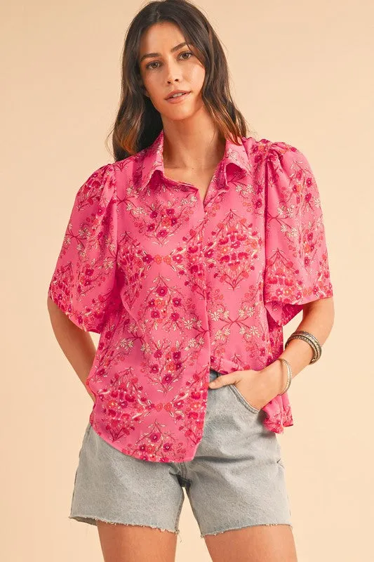 Floral Print Wide Short Sleeve Loose Shirt