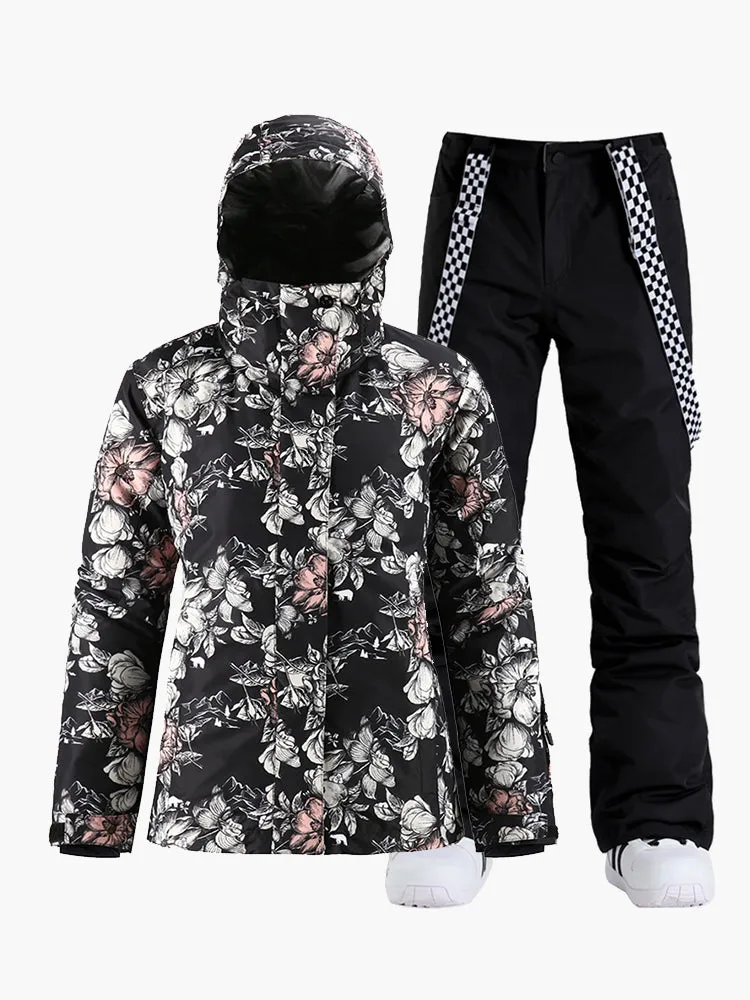 Floral Women Waterproof Snowboard Jacket Black Pants Sets Ski Suits