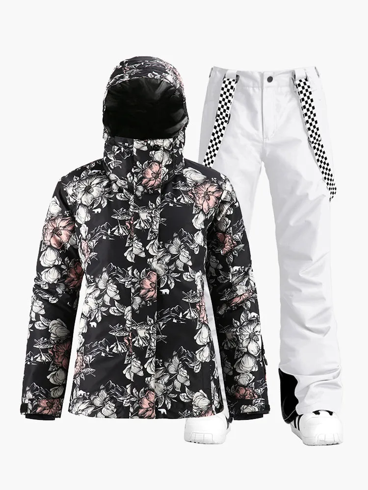 Floral Women Waterproof Snowboard Jacket Black Pants Sets Ski Suits