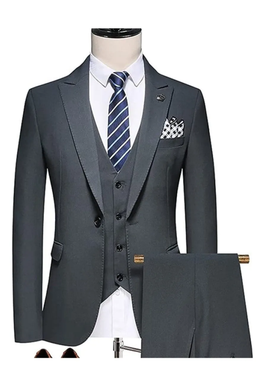 Formal Black One-Button Three-Piece Peaked Lapel Men's Business Suit