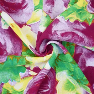 Fuchsia Pink-Yellow-Multi Floral Printed Rayon Crepe Faille Woven Fabric