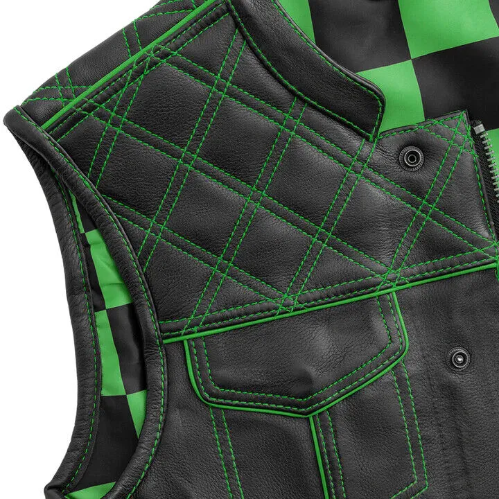 GREEN M042 Green Checker - Men's Motorcycle Leather Vest