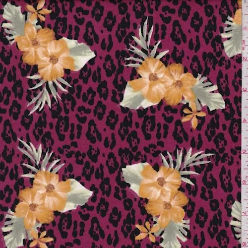 Magenta Cheetah Floral Double Brushed Jersey Knit Fabric