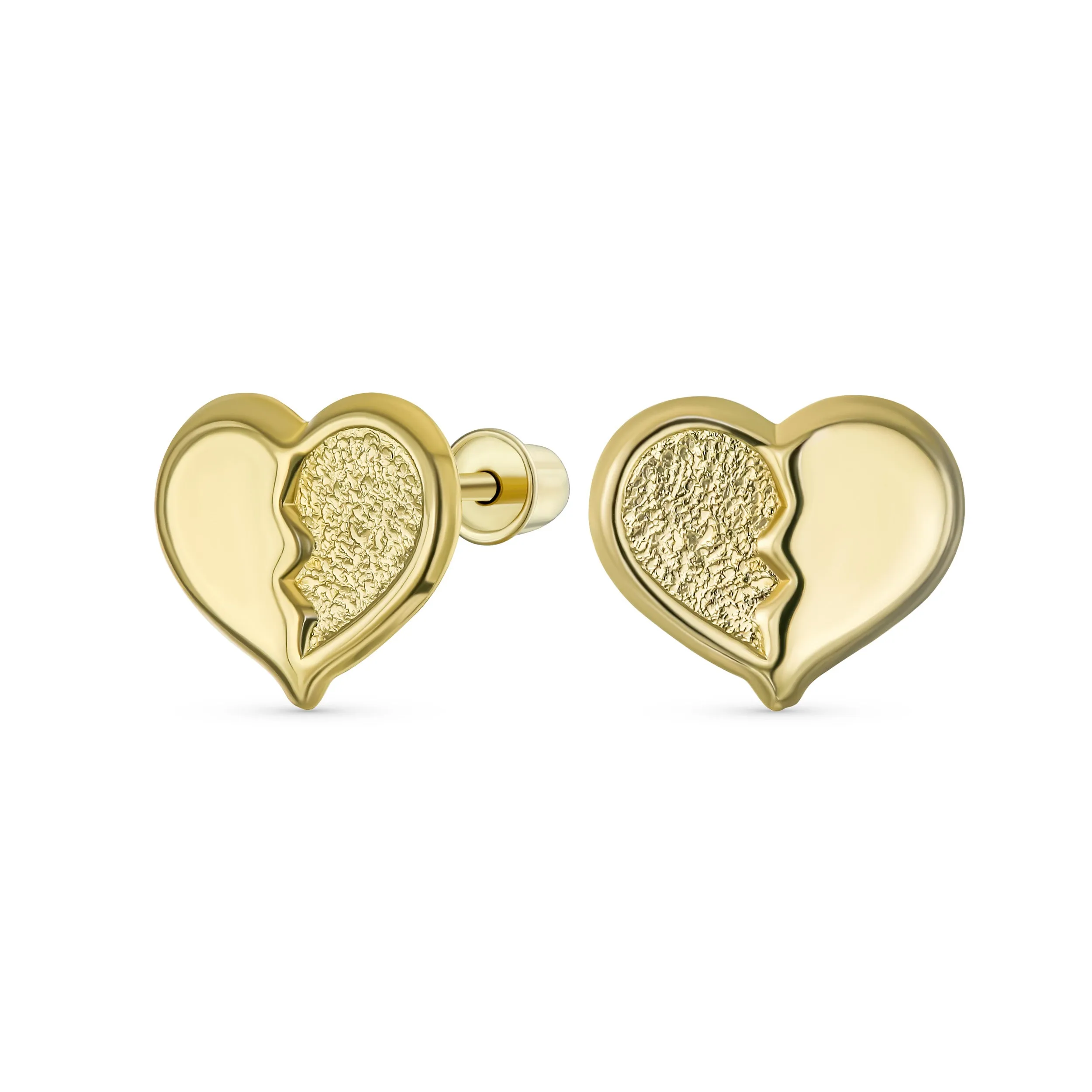 Minimalist 10K Yellow Gold Split Heart Stud Earrings with Secure Screw Back 8MM