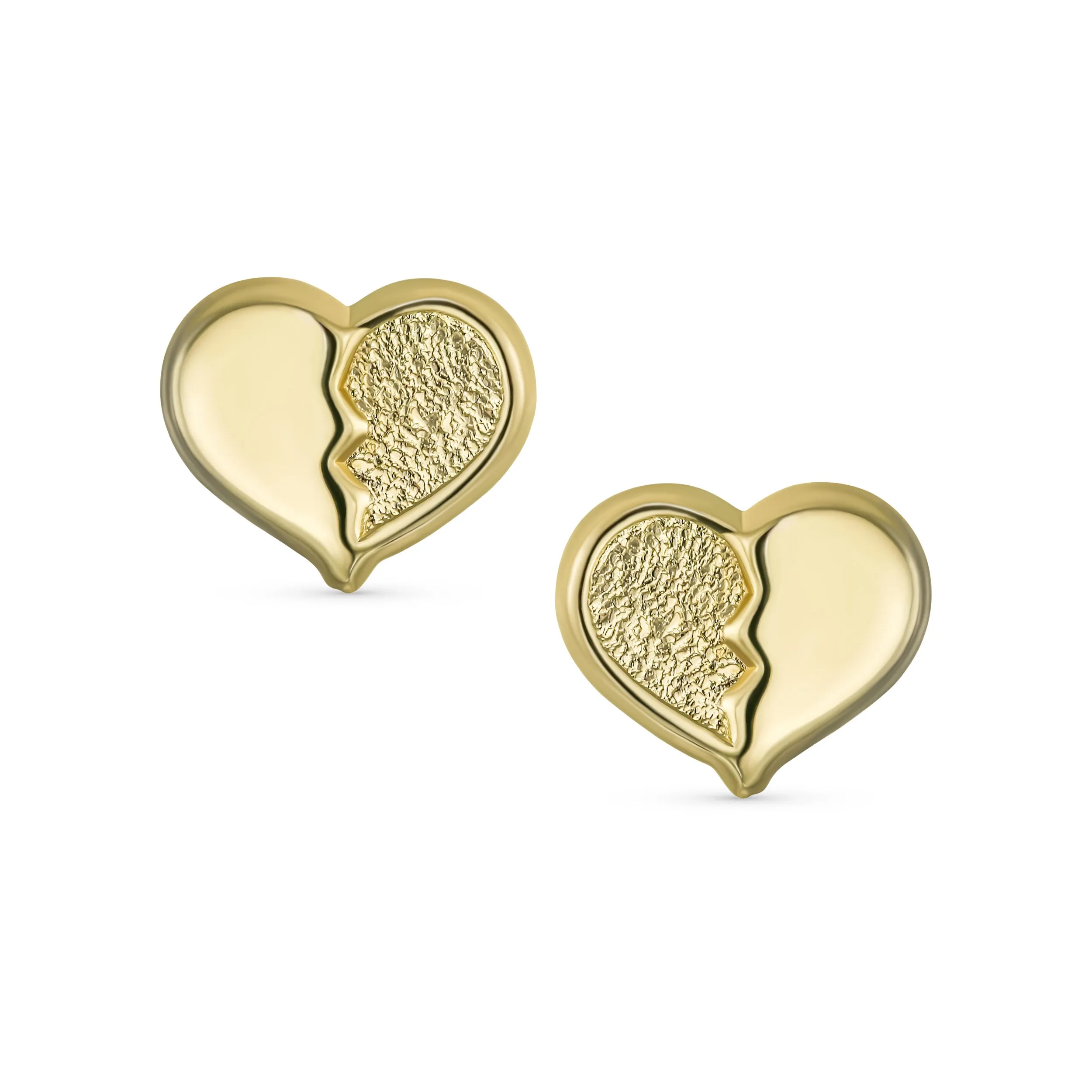 Minimalist 10K Yellow Gold Split Heart Stud Earrings with Secure Screw Back 8MM