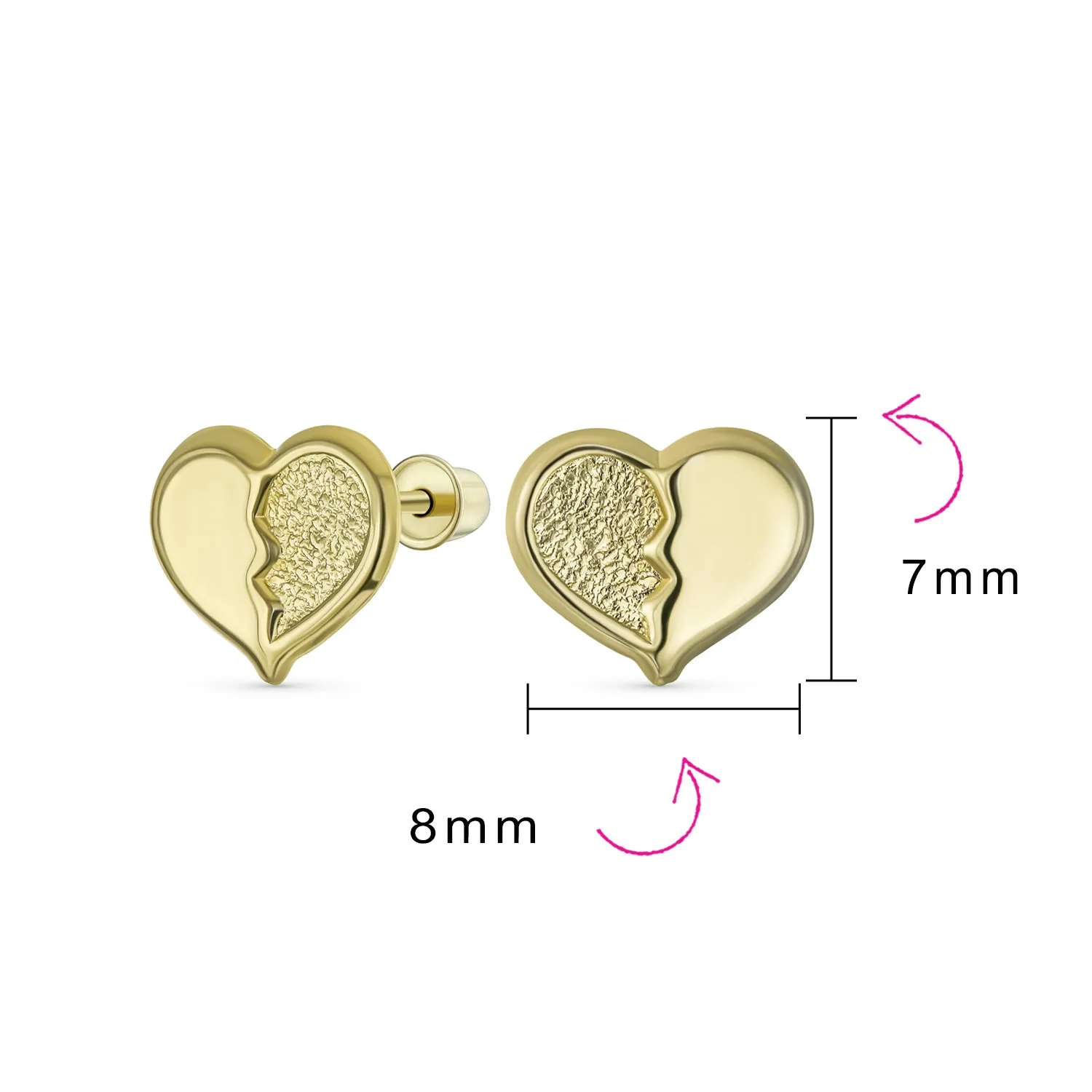 Minimalist 10K Yellow Gold Split Heart Stud Earrings with Secure Screw Back 8MM