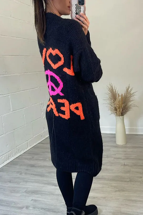 Neon Love Peace Chunky Knit Pocket Straight Midi Cardigan