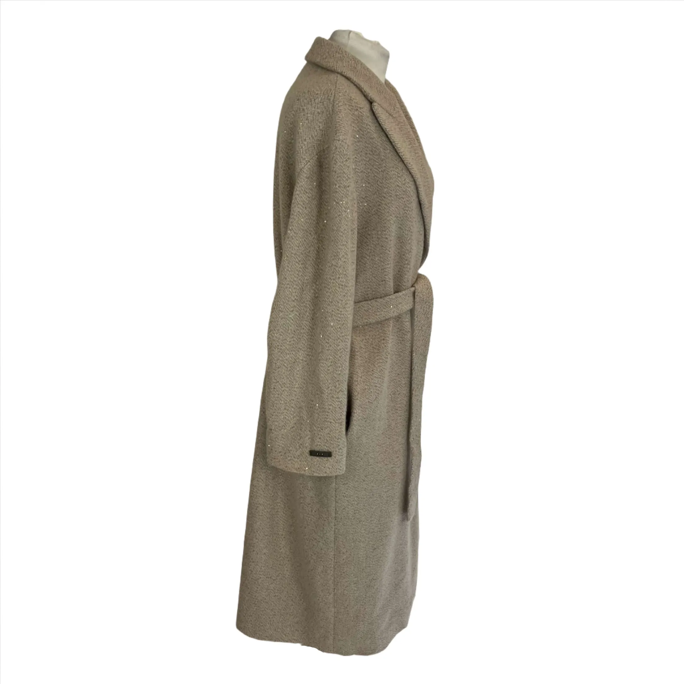 Peserico Beige & Bronze Shimmer Wool Belted Coat L