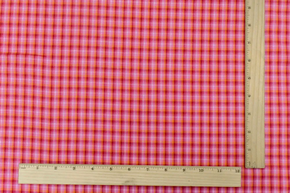 Red-Pink-Multi Plaid Cotton Polyester Madras Woven Fabric