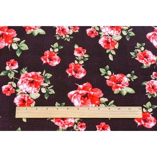 Red Rose/Multi Floral Plaid Brushed Jersey Stretch Knit  Fabric