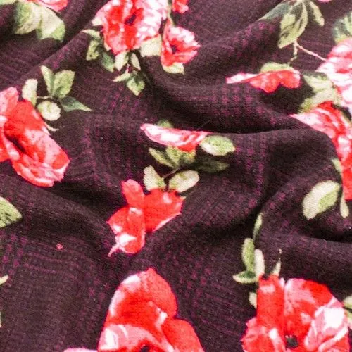 Red Rose/Multi Floral Plaid Brushed Jersey Stretch Knit  Fabric