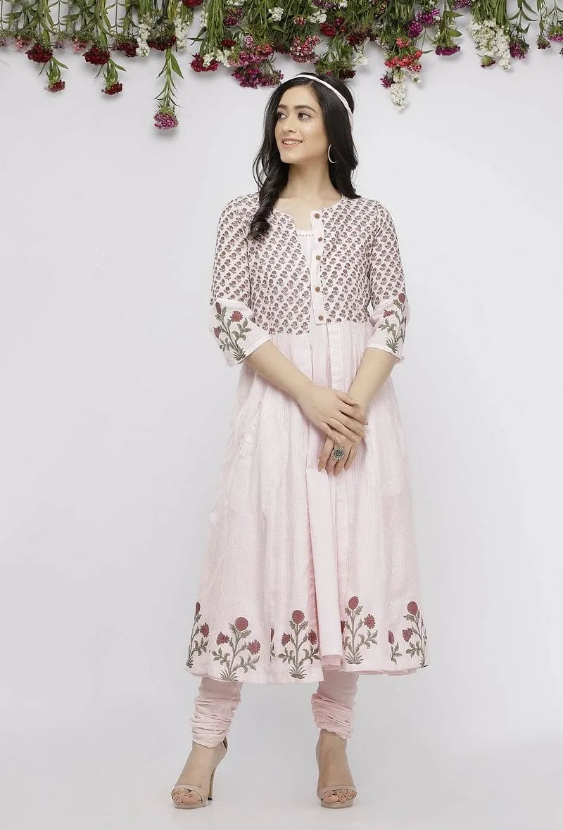 Set of 3: Light Pink Cotton Slip with Hand-Block Printed Kota Cape and  Cotton Chooridar