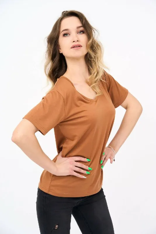 Short-Sleeved V Neck Women's T Shirt in Camel Color!