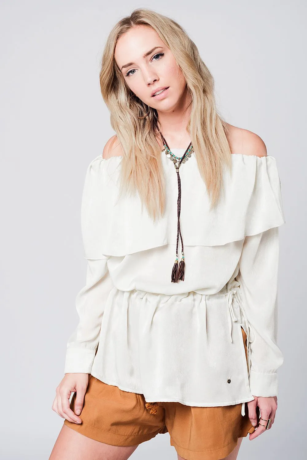 Soft beige blouse with drawstring