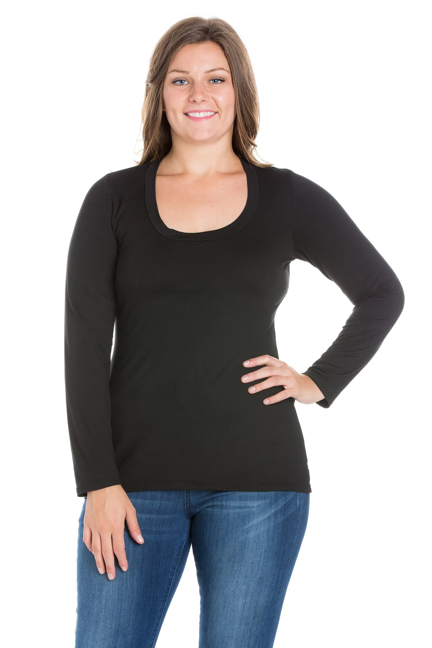 Solid Long Sleeve Scoop Neck Plus Size Womens Tee