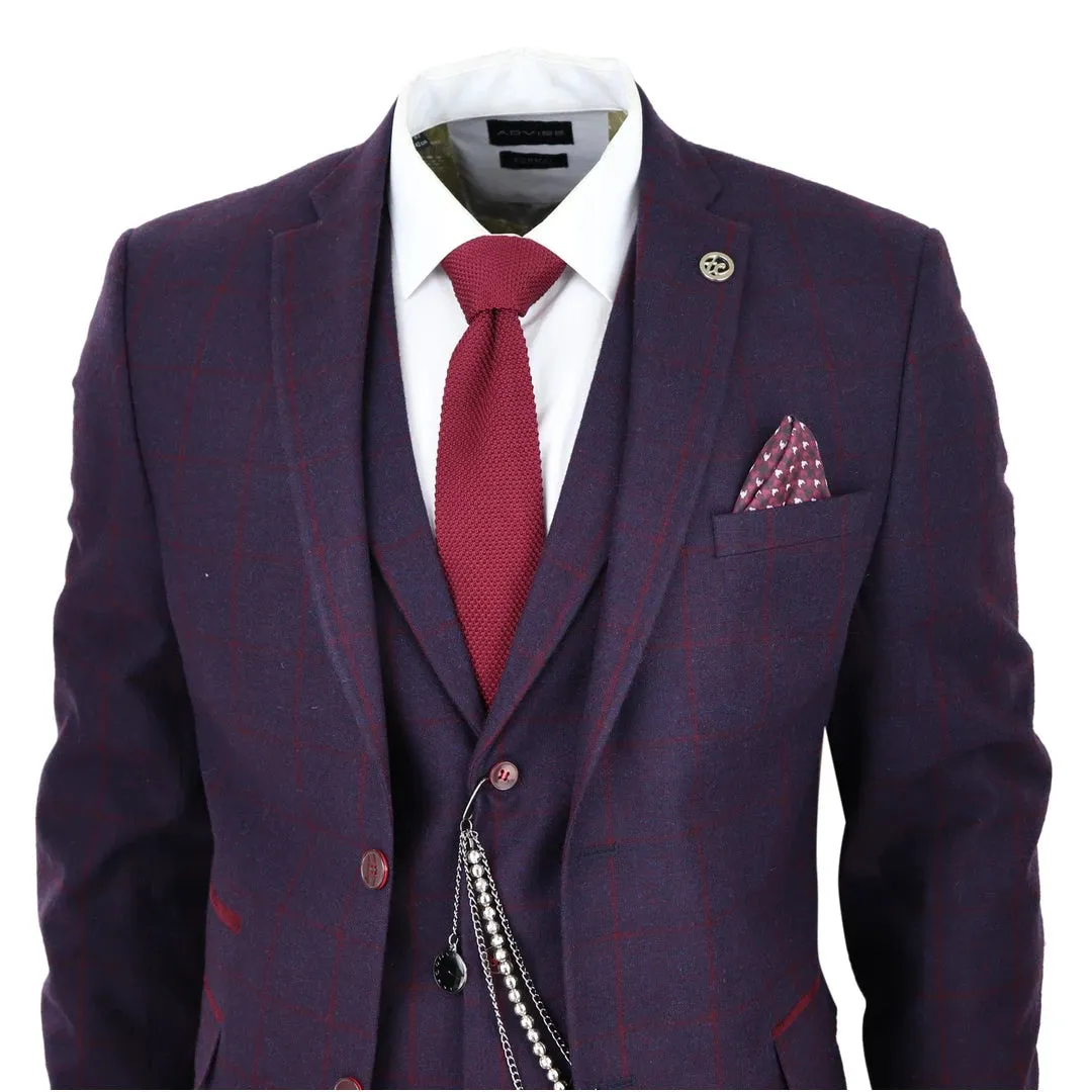 STZ70 - Men's 3 Piece Suit Wool Tweed Plum Wine Check 1920s Gatsby Formal Dress Suits