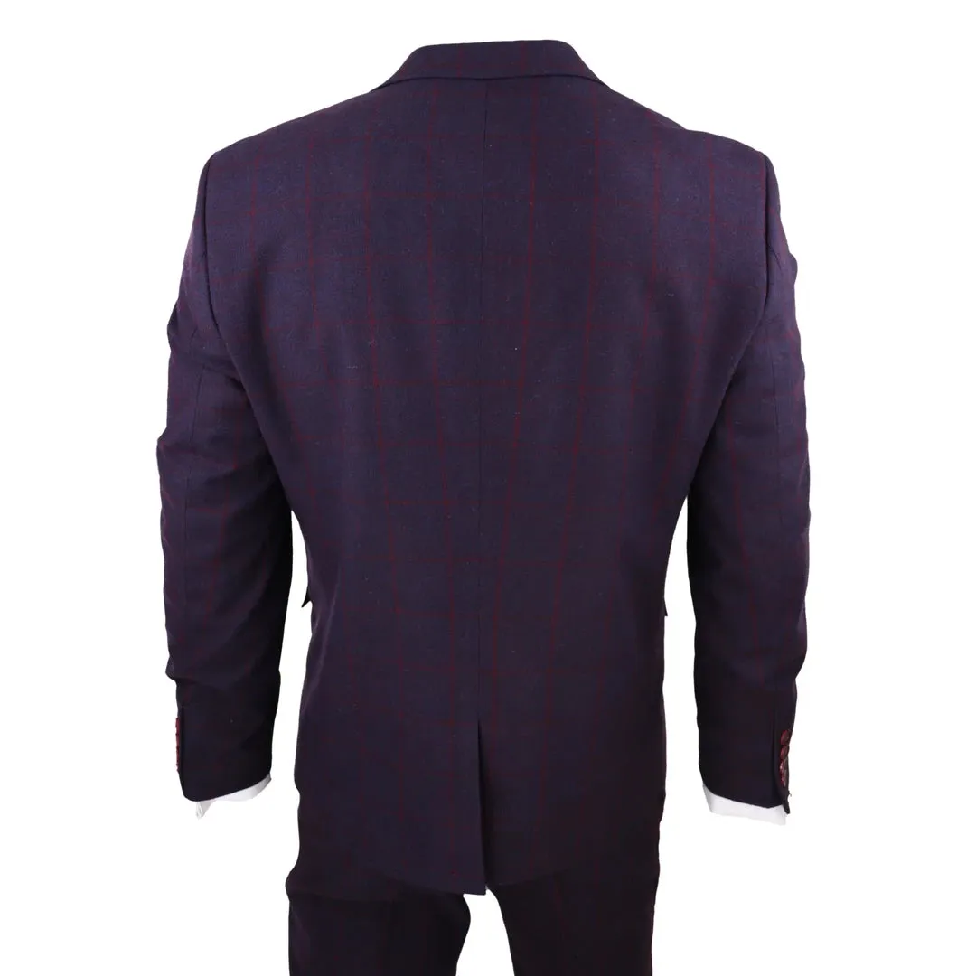 STZ70 - Men's 3 Piece Suit Wool Tweed Plum Wine Check 1920s Gatsby Formal Dress Suits