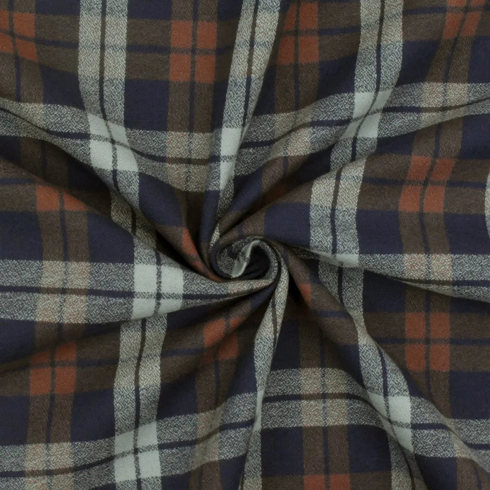 Vintage Navy-Brown-Gray Plaid Cotton Momie Woven Fabric