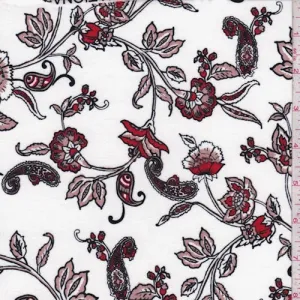 White/Cocoa Stylized Floral Double Brushed Jersey Knit Fabric